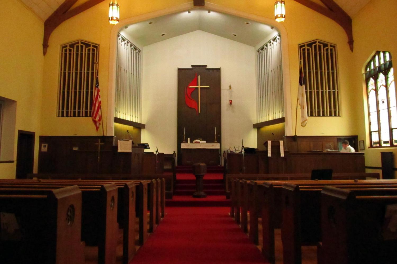 Pews, sanctuary, cross, UMC, United Methodist Church